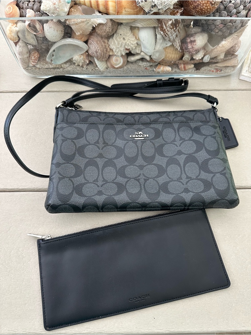Coach Black and Charcoal Crossbody Purse Zipper and Pocket with removable Pouch